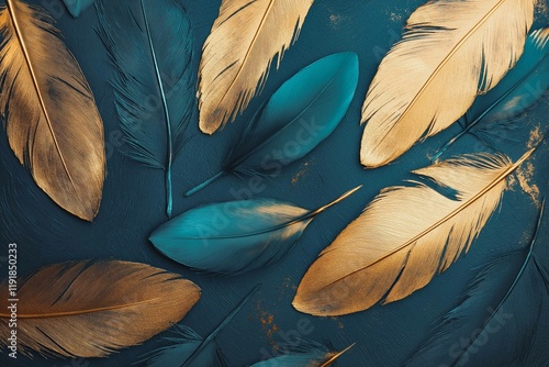 Abstract background with turquoise and golden feathers pattern texture photo