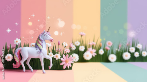 Magical Unicorn in Flower Garden Pastel Rainbow Background Fantasy