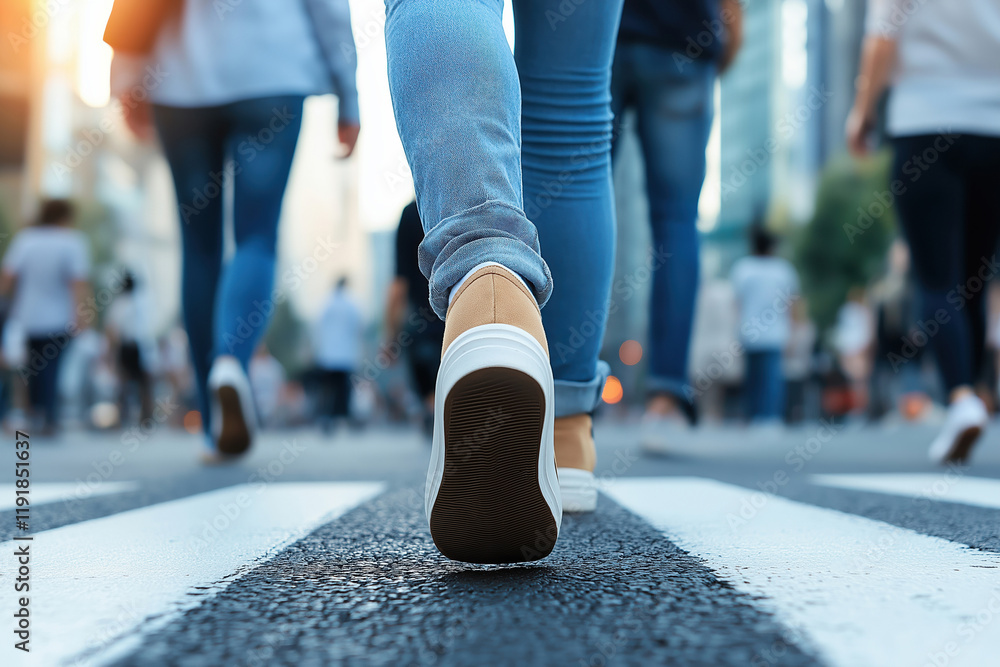 Fototapeta premium Busy city street filled with pedestrians crossing at sunset in urban setting