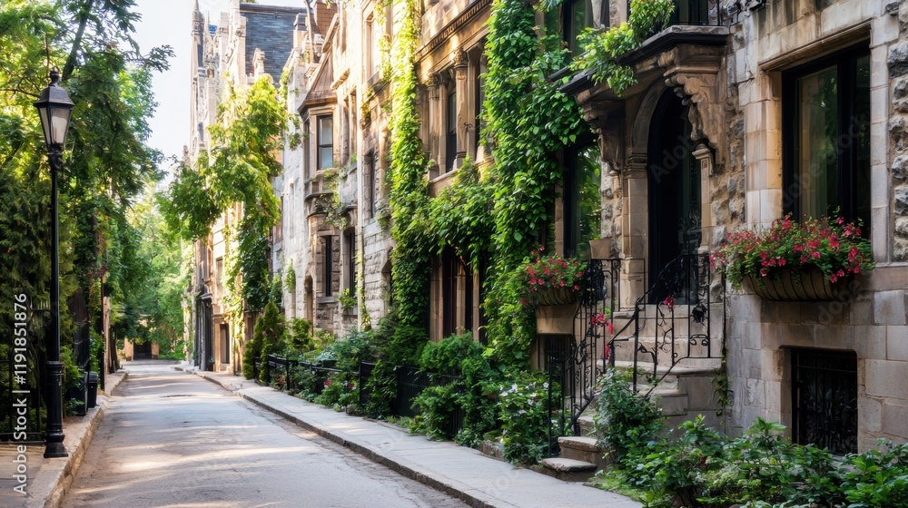 Street lined with colorful flowers alongside a sidewalk in an urban environment during daylight Street lined with colorful flowers alongside a sidewalk in an urban environment during daylight