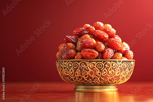 A decorative bowl filled with various dates against a red background. photo