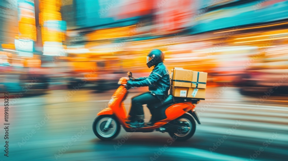 Fototapeta premium Delivery Rider Zooming Through City Lights