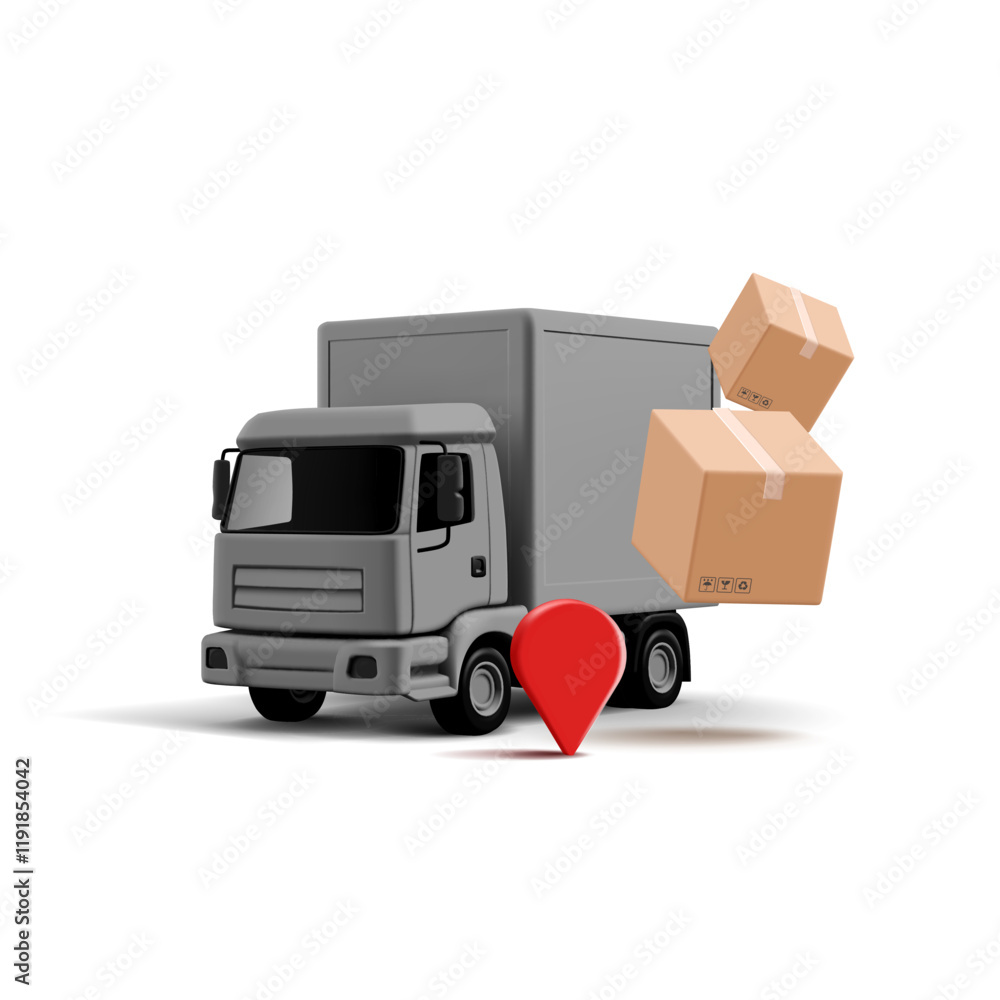 3D black realistic modern truck, cardboard box, location icon. For cargo, freight, business, retail, and goods design concepts. Vector illustration. 3D black realistic modern truck, cardboard box, location icon. For cargo, freight, business, retail, and goods design concepts. Vector illustration.