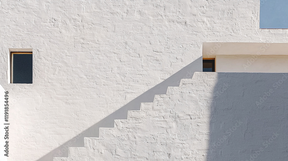 modern architectural design featuring textured white wall, stairs, and windows. interplay of light and shadow creates striking visual effect modern architectural design featuring textured white wall, stairs, and windows. interplay of light and shadow creates striking visual effect