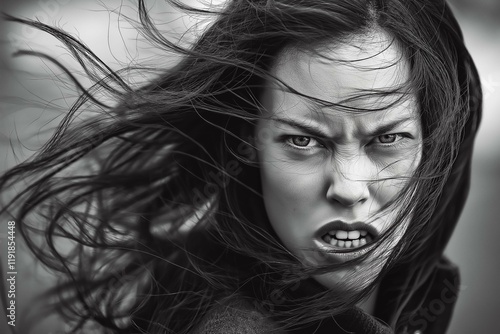 An enraged woman with her hair blowing in the wind.