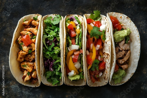 Four delectable tacos, each with unique fillings, displayed on a dark background. A vibrant and appetizing food image. photo