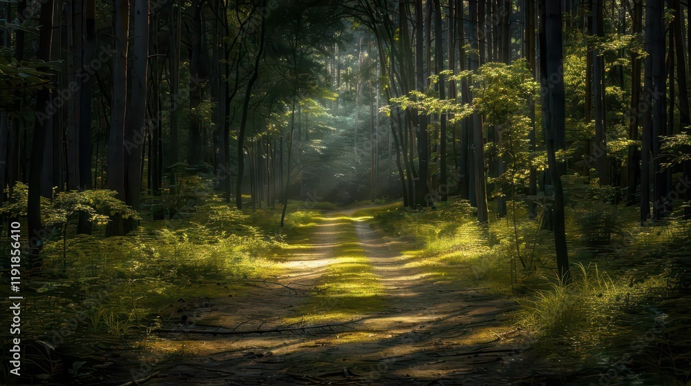 A serene forest path illuminated by soft sunlight, inviting exploration and tranquility. A serene forest path illuminated by soft sunlight, inviting exploration and tranquility.