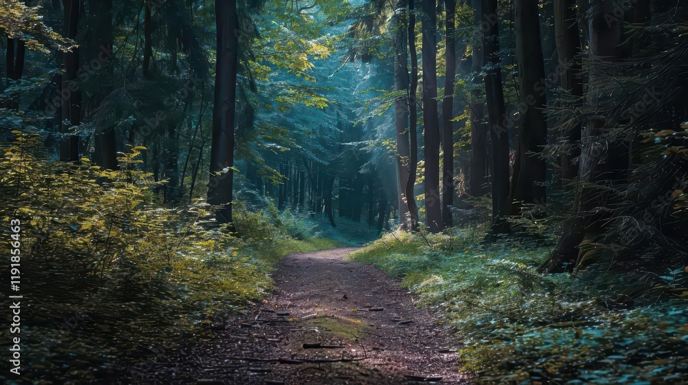 Obraz premium A serene forest path surrounded by lush trees and soft light.