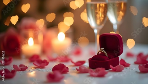 Romantic candlelit proposal scene with engagement ring in red velvet box, champagne glasses, rose petals, and heart-shaped bokeh lights photo