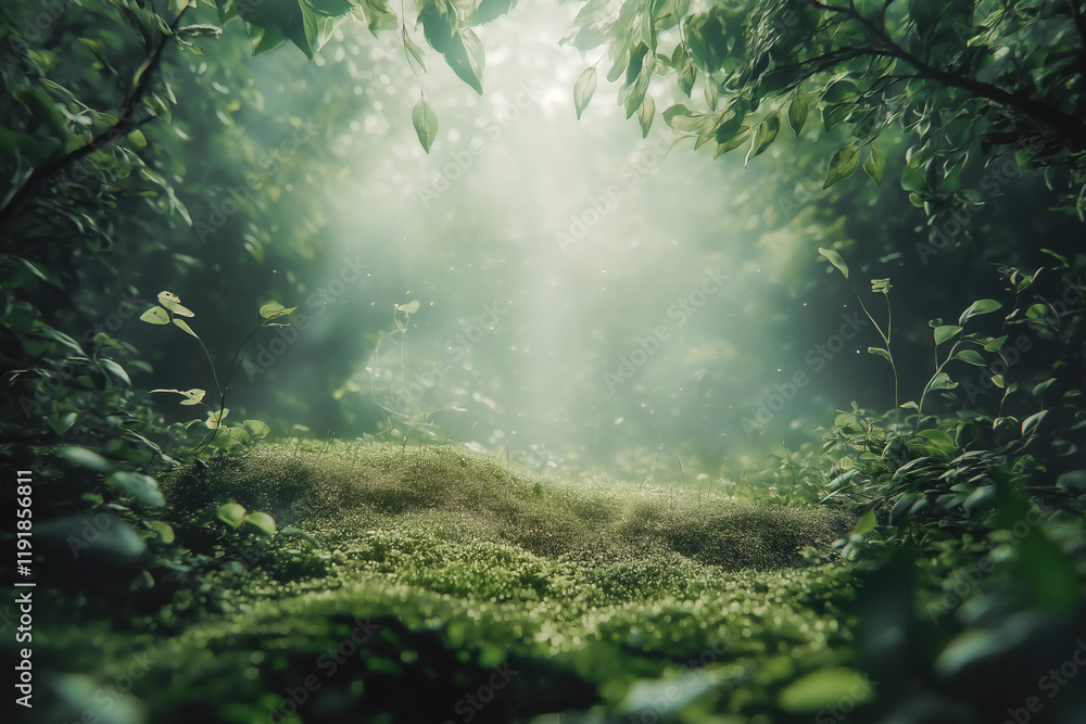 Fototapeta premium Beautiful green mossy forest with strong sunlight in the fog. Cozy relaxing atmosphere.