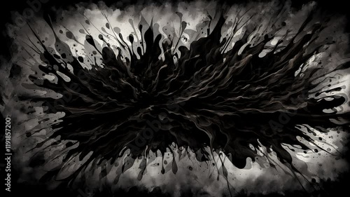 An abstract design featuring fluid black shapes and splashes against a light background.