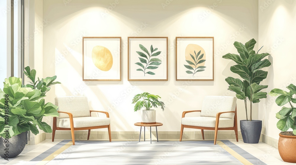 Fototapeta premium Sunlit waiting area with plants and mid-century modern armchairs.