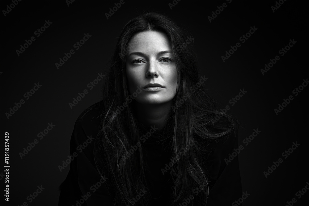 Portrait of a serene woman with long hair in a dark setting Portrait of a serene woman with long hair in a dark setting