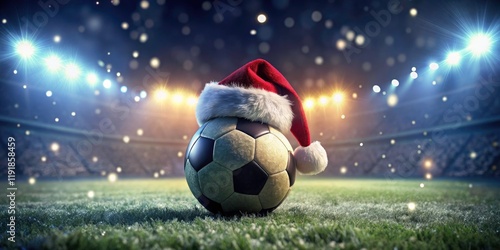 Soccer Ball Santa Hat Night Photography: Festive Sports Holiday Image