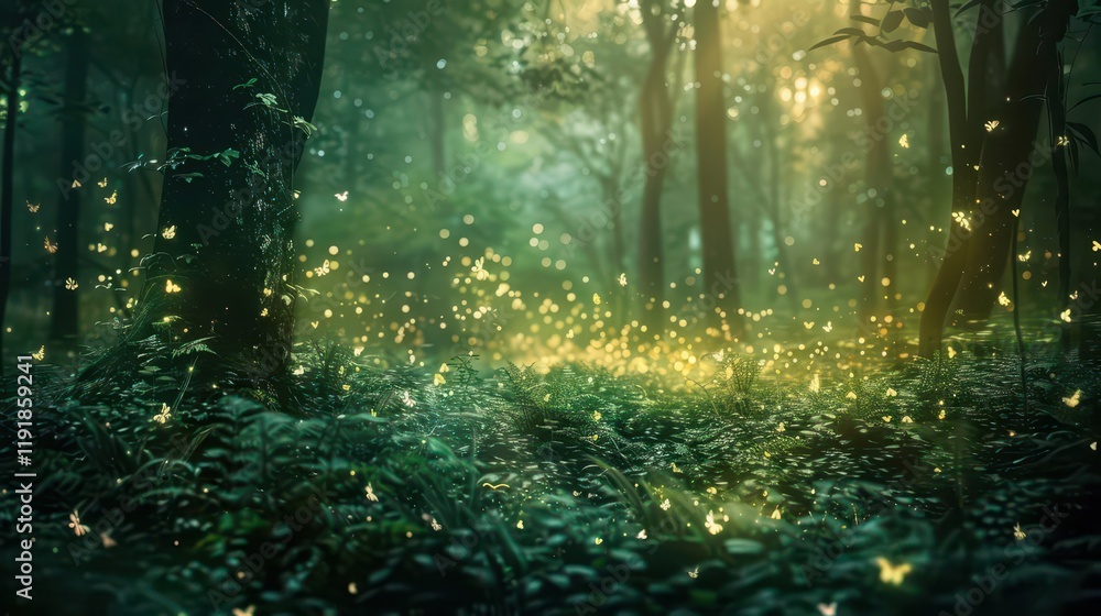 A mystical forest scene illuminated by glowing particles and soft light. A mystical forest scene illuminated by glowing particles and soft light.