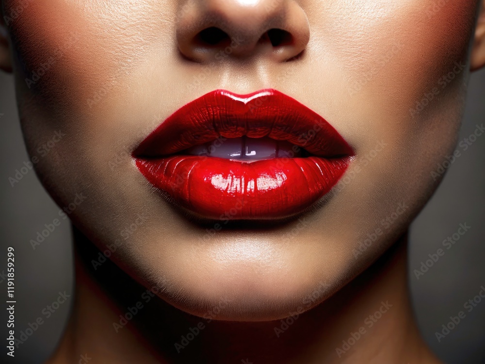 Fototapeta premium Stunning Close-Up Red Lips: Glossy Makeup, Beauty Photography, Drone Shot