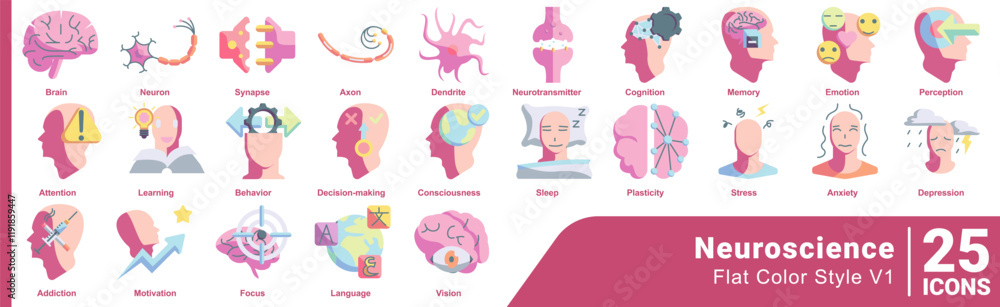 Neuroscience icon set 25 in Flat Color style Neuroscience icon set 25 in Flat Color style