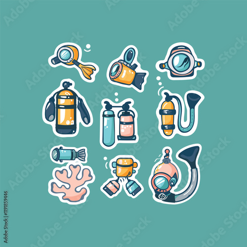 collection of cute vector diving equipment stickers