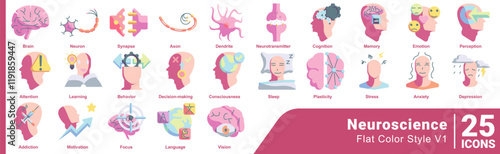 Neuroscience icon set 25 in Flat Color style