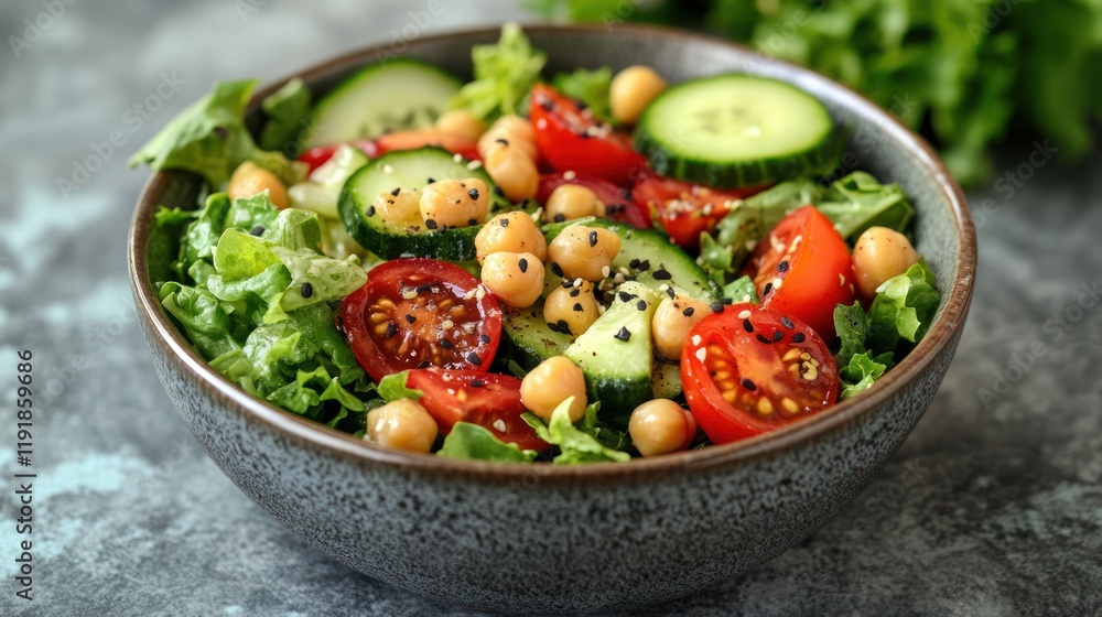 Fresh chickpea, tomato, and cucumber salad in a bowl. Fresh chickpea, tomato, and cucumber salad in a bowl.