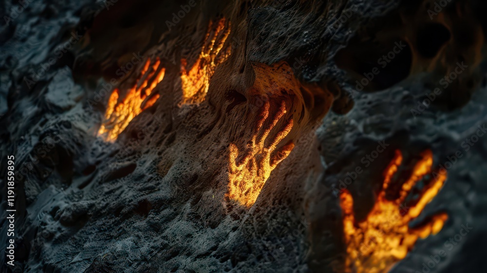 Glowing handprints etched into a rocky surface, suggesting ancient markings or art. Glowing handprints etched into a rocky surface, suggesting ancient markings or art.