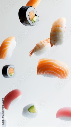 Capture a stunning real-life image of floating sushi pieces on a pristine white background, emphasizing their vibrant colors and textures in a serene, noise-free composition.
