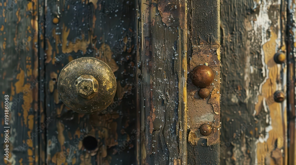 Fototapeta premium Close-up of an old, weathered door with a brass doorknob and peeling paint.