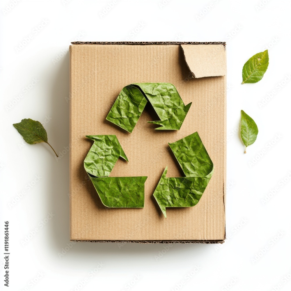 Eco-Friendly Packaging Concept with Recycled Cardboard Box and Green Leaves Arranged in a Recycling Symbol for Sustainable Living and Environmental Awareness Eco-Friendly Packaging Concept with Recycled Cardboard Box and Green Leaves Arranged in a Recycling Symbol for Sustainable Living and Environmental Awareness