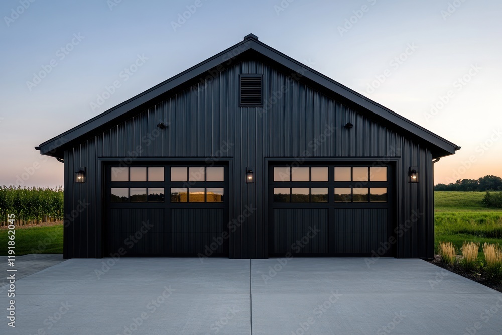 Black barn garage, sunset, rural field, modern design, real estate Black barn garage, sunset, rural field, modern design, real estate