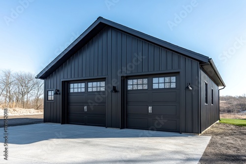 Black barn garage, rural setting, sunny day, two doors, real estate