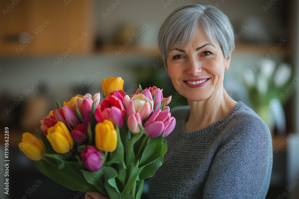 Fototapeta premium Charming elderly woman in green knitted sweater holding colorful flowers indoors, exuding joy and elegance 