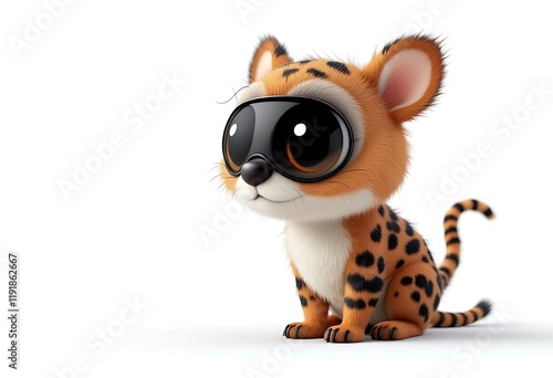 Cute cheetah cub wearing goggles, white background, playful mood, ideal for children's book illustrations photo