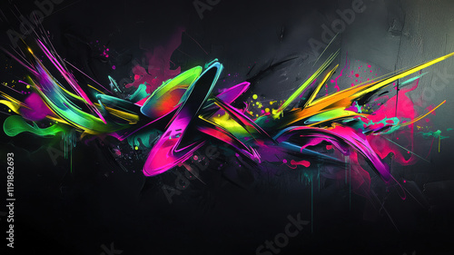 Urban graffiti-style wallpaper featuring vibrant neon sprays of color and abstract lettering on a dark gray background, creating a bold, energetic, and contemporary street art vibe.
