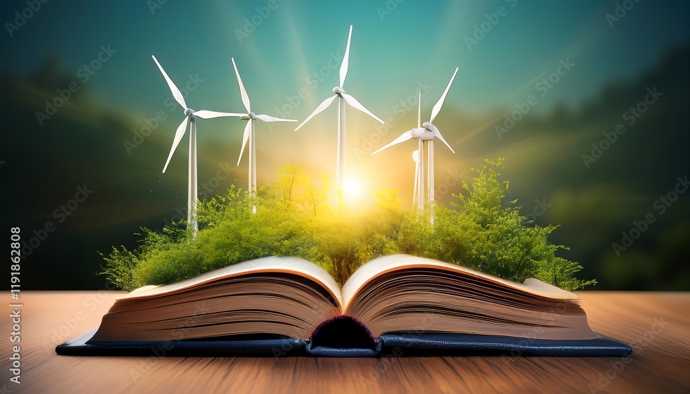 Obraz premium An open book with green plants and wind turbines in the background, symbolizing the connection between education, nature, and sustainable energy.