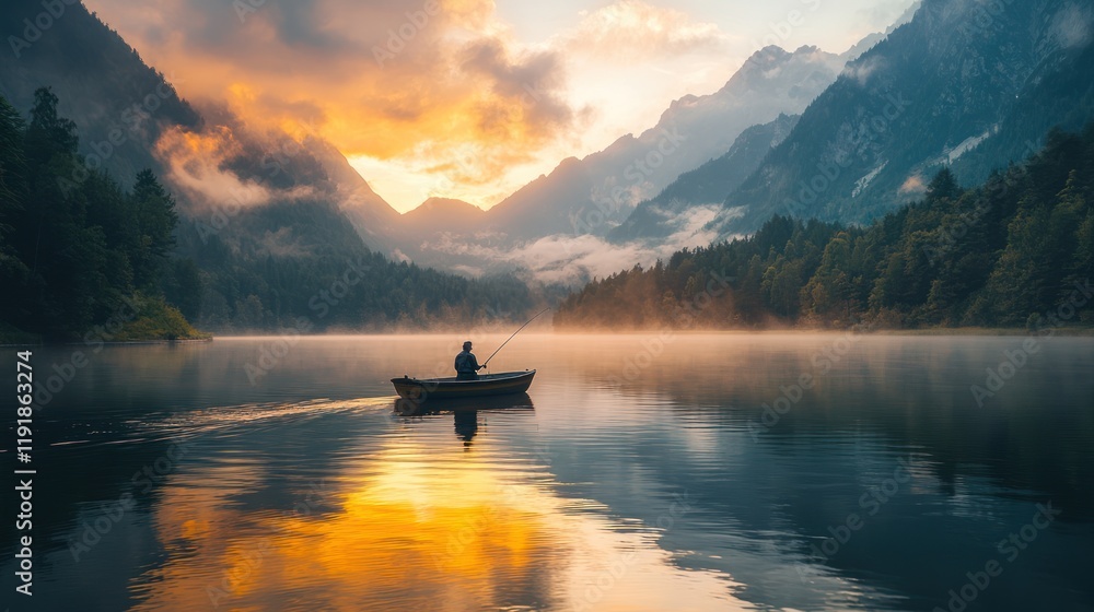 Solitary fisherman in a small boat on a calm lake at sunrise, majestic mountains in the background. Solitary fisherman in a small boat on a calm lake at sunrise, majestic mountains in the background.