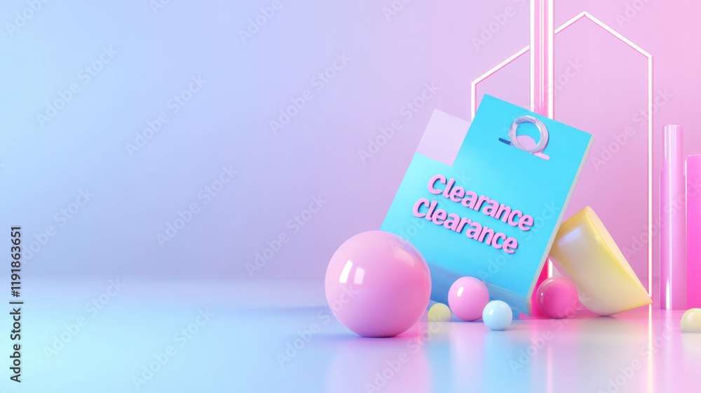 Clearance shopping concept. Abstract 3D design featuring giant clearance tag with colorful shapes Clearance shopping concept. Abstract 3D design featuring giant clearance tag with colorful shapes