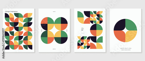 Collection of 70s color gradient poster background vector. Set of retro wall decoration, groovy, trippy, geometric shape. Vintage hippie wall art for interior, decorative, banner, cover, card.