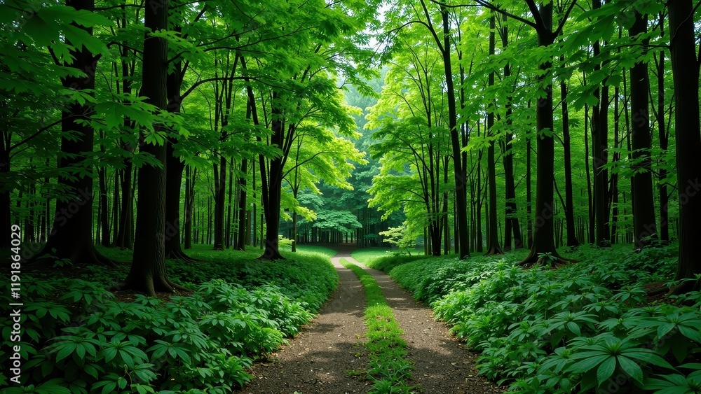 Fototapeta premium Tall trees sway in a verdant forest, their lush green leaves shimmering. Ground-hugging foliage carpets both edges, enhancing the serene beauty of this natural haven. A sense of tranquil seclusion env