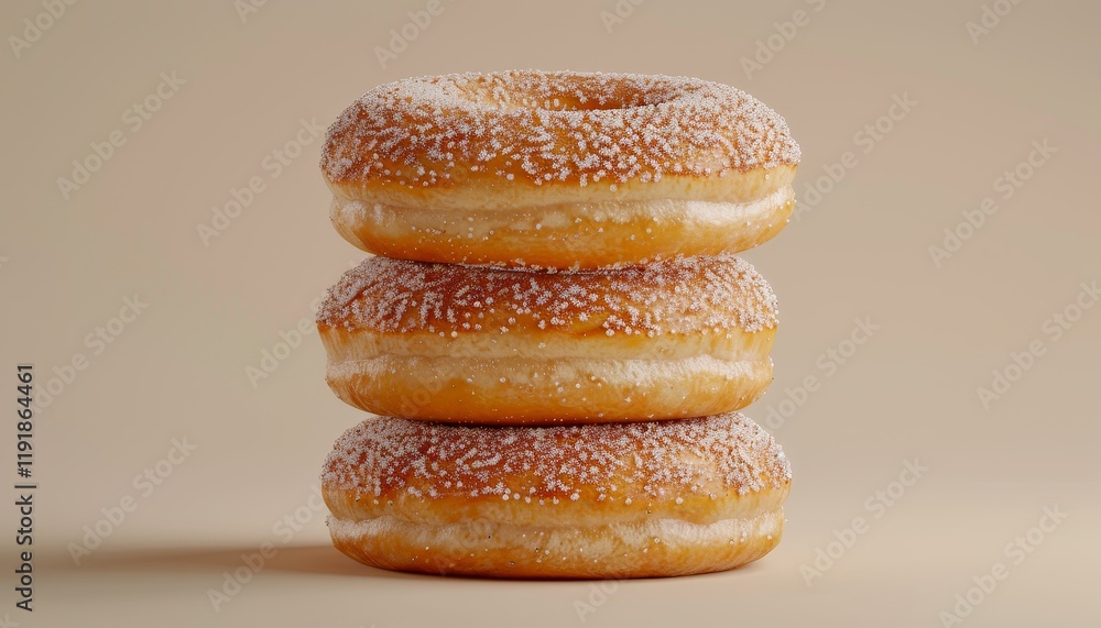 Three donuts with a sugar glaze and cream filling stacked on top of each other on a beige background. Three donuts with a sugar glaze and cream filling stacked on top of each other on a beige background.