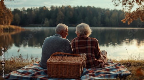 Fototapeta Naklejka Na Ścianę i Meble -  A couple of older people are sitting on a blanket by a lake