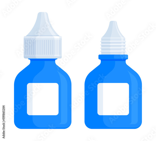 Set of closed and open blue medicine dropper bottles. Health, eye drops, ear drops, and medical product mockup concept. Flat vector illustration isolated on white background with copy space