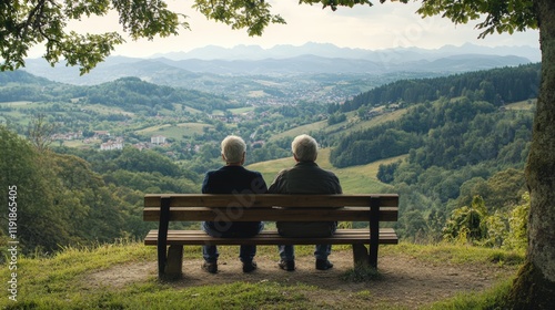 Two older people are sitting on a bench in a grassy area
