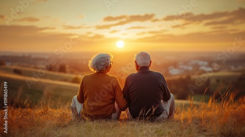 A couple of older people are sitting on a hillside, watching the sun set