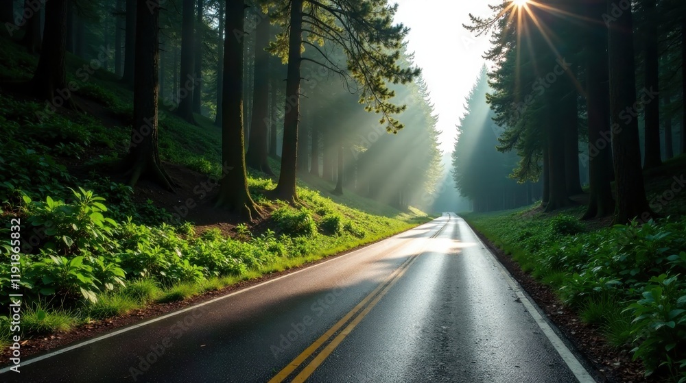 Fototapeta premium Sunlit Pathway Through a Lush Green Forest with a Serene Asphalt Road
