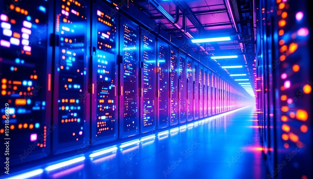 Data center server room, glowing lights, network infrastructure, digital technology, future Data center server room, glowing lights, network infrastructure, digital technology, future