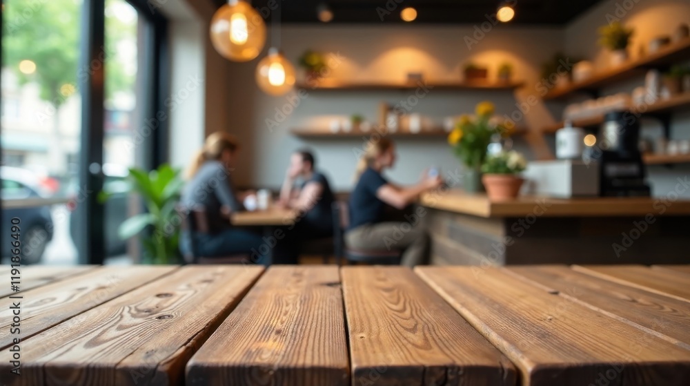 Rustic Wooden Tabletop in a Cozy Cafe Setting with Blurred Background of Patrons Enjoying Beverages Rustic Wooden Tabletop in a Cozy Cafe Setting with Blurred Background of Patrons Enjoying Beverages