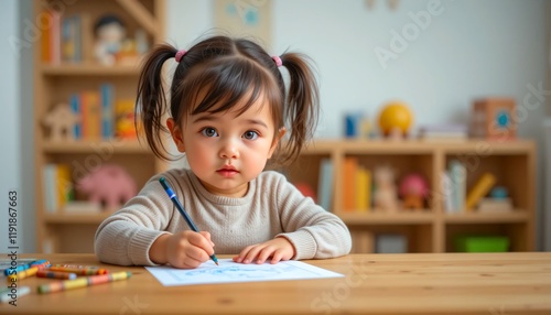 3-year-old child sitting at a wooden table, drawing with colorful crayons on a piece of paper. photo