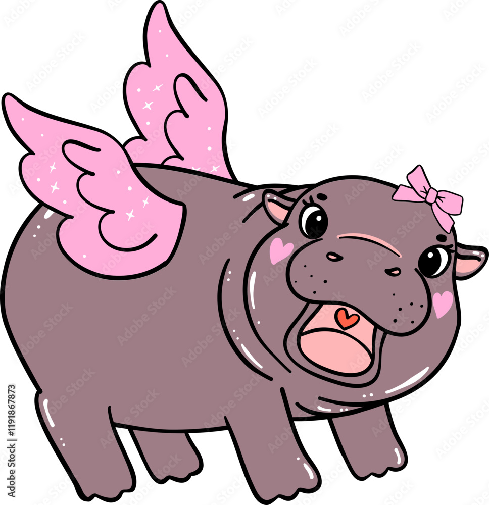 Naklejka premium Happy Valentine Cupid Pygmy Hippo hand drawn doodle