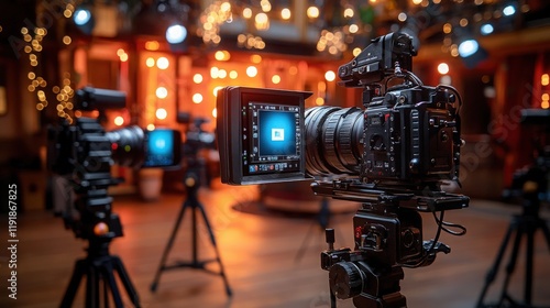 Professional Film Set with Multiple Cameras Capturing Live Event in a Beautifully Decorated Venue with Warm Lighting and Creative Bokeh Background