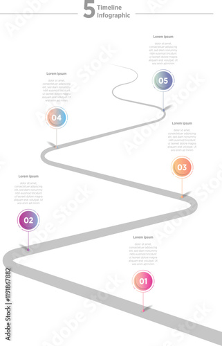 Colorful Modern Process flow infographic vertical sequence. Workflow timeline. Storytelling roadmap. Visualization infochart with 5 steps. 